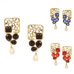 For those who love geometric designs, these quadrant golden filigree studs are a perfect choice. They are available in black, blue, and red, with a delicate pearl dangler.