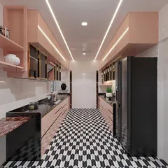 This kitchen design shows how we can play with color and pattern. The bold black and white geometric flooring is balanced by soft baby pink cabinetry, creating a look that is both chic and unique. I designed this parallel kitchen layout for maximum efficiency, with sleek, handleless cabinets and integrated lighting for a clean, modern finish.