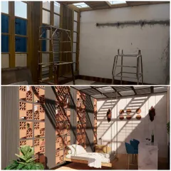 A powerful before and after of a 27th-floor penthouse project. We replaced a bare, unfinished area with a private retreat featuring a terracotta jali screen for privacy and aesthetic appeal. The design includes a custom swing, a mini-bar, and strategic lighting that highlights the textures and creates a warm ambiance.