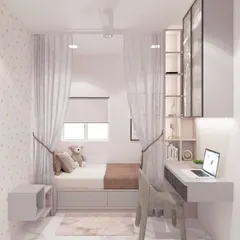 This 3D design shows a concept for a floating desk paired with a bed nook. The visualization demonstrates how a study area can be created even in a narrow room without sacrificing style or a sense of spaciousness.