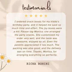 This review from a happy mother shows how my snack boxes can save time and effort. I was so happy to hear that the kids and parents all enjoyed the food and that my on-time delivery made her event run smoothly.
