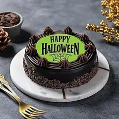 Get into the spooky spirit with our Happy Halloween chocolate cake. The vibrant green edible print and rich chocolate flavor make it a wickedly good treat.