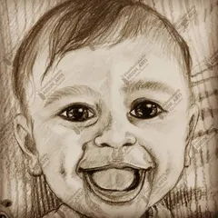 A detailed pencil sketch of a smiling baby, capturing that infectious, happy grin. This handmade style has a classic, timeless feel.