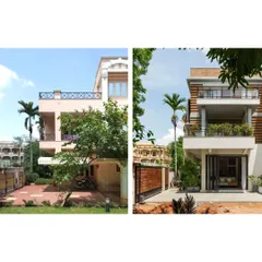 A before and after view of the Hyderabad residence. We chose to renovate and extend the existing structure rather than demolish it, significantly reducing waste and preserving the building's embodied energy while completely transforming its appearance and functionality.