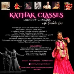 Learn the art of Kathak (Lucknow Gharana) with our expert instructor, Oindrila Das. This poster details her impressive qualifications and class information.