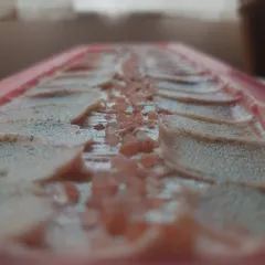 This is the wet top of my HOPE soap, a rose-scented bar from my spring collection. I create the texture with a spoon and add a line of Himalayan pink salt for a beautiful finish.