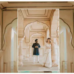 Capturing the essence of a royal Indian wedding, this couple stands amidst the stunning architecture of a Jaipur palace. This is for couples who dream of a heritage wedding filled with elegance.
