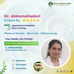 Introducing Dr. Akkamahadevi, our Yoga and Naturopathy consultant with 5 years of experience. She specializes in treating conditions like arthritis, PCOD, and stress management at our BTM branch.
