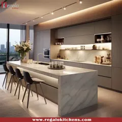 This open-concept kitchen is designed for seamless city living, with a stunning view as its backdrop. The long marble island with integrated seating is perfect for entertaining, while the handle-less cabinetry and under-cabinet lighting maintain a clean, contemporary aesthetic.