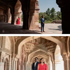 Using the grand archways of a Delhi monument to create a sense of scale and timelessness. The contrast between the couple and the ancient architecture makes for a powerful pre-wedding photograph.