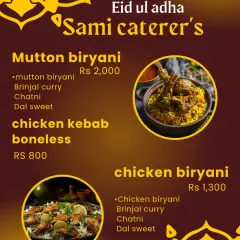 Another Eid menu featuring Mutton Biryani, Chicken Biryani, and boneless Chicken Kebab by the kilo. The images show you exactly what you'll be getting.