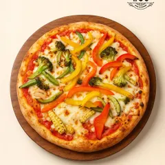 A classic favorite, elevated. Our gourmet vegetable pizza is made with a perfectly crisp crust, rich tomato sauce, and a generous topping of fresh broccoli, baby corn, and colorful bell peppers.