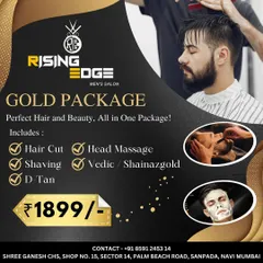 Go for Gold with this premium package. It includes a premium Vedic or Shahnaz Gold facial for enhanced skincare benefits, alongside a haircut, shave, D-Tan, and head massage.
