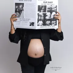 For the modern mom-to-be, we can design a creative announcement shoot. Here, we used a custom newspaper prop to share the happy news in a fun and stylish way.