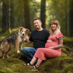 For families who love the outdoors, I find beautiful natural spots where we can capture your story. This portrait in the woods shows the joy and anticipation of the whole family, dog included.