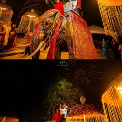 The groom's grand baraat entrance on a decorated elephant, complete with fireworks. I capture these spectacular moments to ensure the full scale and excitement of your destination wedding is part of your album.