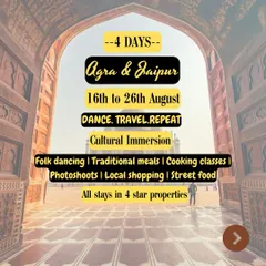 We're launching mini dance trips in India. This 4-day trip to Agra and Jaipur combines cultural immersion with folk dancing, traditional meals, cooking classes, and local shopping.