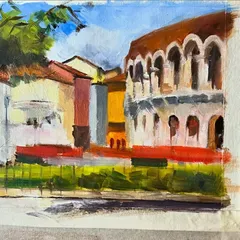 The first block-in stage of the Verona cityscape. Here, I'm establishing the main color shapes and relationships before adding details.