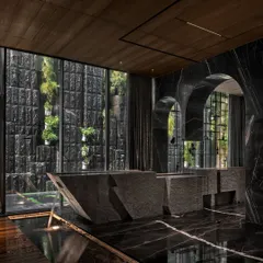 For the Green Court Villa, I designed this split stone bar counter to be the heart of the entertainment space. It's not just a functional element but a sculptural masterpiece that interacts with a tranquil water body, seamlessly merging the indoors with the calming presence of nature. This is how I create immersive guest experiences.