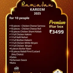 This is our Premium Iftar Box for 10 people. It's a full-on feast with ten pieces each of our popular starters, full portions of Chicken Hakimi, Nalli Nihari, Haleem, two types of Biryani, and ten desserts. It’s the perfect way to share the barkat of Ramzan with your family or colleagues.