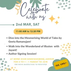 Our official anniversary celebration poster. It invites guests to dive into the world of tales with Geeta Ramanujam and enter a wonderland of illusion with Jayant.