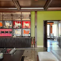 This custom-built bar and display unit features whimsical, traditional Indian art. It acts as a vibrant focal point in the room, celebrating local craftsmanship within a modern, structured design.