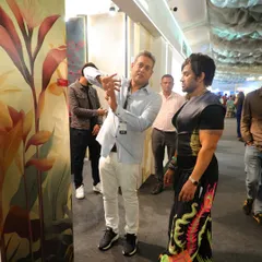 Our founder in conversation with Yash Birla at the Ajio Luxe Weekend, discussing the artistry and inspiration behind one of our vibrant tropical wall panels.