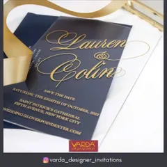 Announce your special day with sleek, modern elegance. This 'Save the Date' card, crafted from clear acrylic with gold calligraphy, offers a contemporary and luxurious first impression for a stylish wedding celebration.