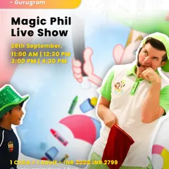A vibrant poster for the Magic Phil Live Show, capturing the excitement and fun of his performance.