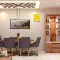 A pooja unit built into a larger storage cabinet in the dining area. The open shelves are backlit to beautifully display a collection of idols and photos.