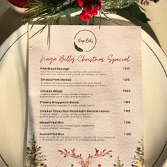 Our special menu for the festive Christmas season. We created unique dishes like Pork Blood Sausage, Smoked Pork Momos, and Chicken Sticky Rice Steamed in Banana Leaves to celebrate.