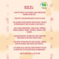 We believe fun and safety go hand in hand. Here are the detailed rules for our Holi event, outlining everything from our pet-safe color ingredients to the requirement for all dogs to be friendly and up to date on vaccinations.