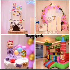 I can also help arrange for fun activities like a bouncy castle and themed cakes to go with your decorations. This collage shows a princess theme with a cake and a jungle-themed bouncy castle.