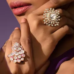 Shine with the lustrous elegance of Polki. I designed these cocktail rings to capture every joyful glance, with unique arrangements of uncut diamonds that make a statement at any festival or celebration.