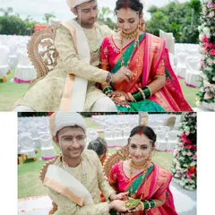 A collage of moments from a Maharashtrian wedding ceremony, showing the couple participating in the rituals together.