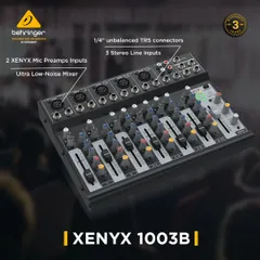 The Behringer Xenyx 1003B, an ultra-low noise analog mixer. This graphic details its 2 Xenyx mic preamps and multiple stereo line inputs, ideal for streaming, podcasting, and recording.