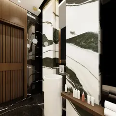 A powder washroom designed with dramatic flair, using a combination of Panda marble with its striking green and white veins, and dark Belgium Black marble. The vertical wooden slats and pedestal sink add layers of texture and sophistication.