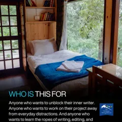 Your personal writing nook awaits. Each room at the retreat is designed for comfort and inspiration, with a window looking out into the serene forest, helping you unblock your inner writer.