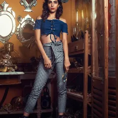 Here's a fun mix of vintage and modern. I paired a denim off-shoulder top with gingham trousers and chunky boots for a playful, retro-inspired look that's perfect for a themed event or a creative photoshoot.