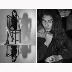 A creative diptych portrait in black and white, combining a full-length studio shot with a close-up. The use of reflection and shadow play adds a layer of artistic depth to this fashion portrait.