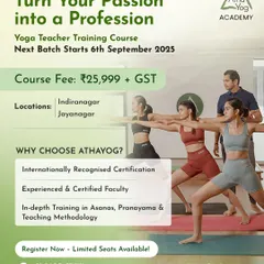 Turn your passion into a profession with our Yoga Teacher Training Course. This graphic outlines the key details for our next batch, including the affordable course fee and our convenient locations in Indiranagar and Jayanagar. We highlight why you should choose us, focusing on our internationally recognized certification and experienced faculty.