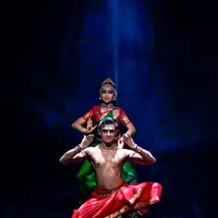 A powerful pose from 'SUTÃ', with Akshatha Viswanath and me. The lighting creates a divine aura, highlighting the theme of the production.