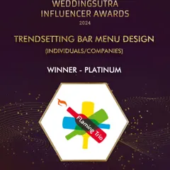 We are thrilled to be named the Platinum Winner for Trendsetting Bar Menu Design by the WeddingSutra Influencer Awards. This award celebrates our creative approach to curating cocktail menus that tell a story and delight guests.