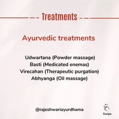 This graphic lists some of the core treatments I use in my practice, including Udwartana (powder massage) and Abhyanga (oil massage). These are often part of a larger Panchakarma or weight management plan.