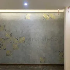 A wider view of the stenciled accent wall, showing how the patterns are placed to create a balanced and artistic composition. This project was completed for a residence in Bengaluru.