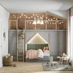 An elegant and dreamy kid's room featuring a custom bed nook with an upholstered headboard and built-in lighting. The loft area above provides a magical play space, complete with fairy lights and a safe wooden railing.