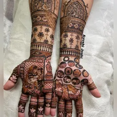 A truly special baby shower mehendi. One hand depicts the 14 auspicious dreams of Maa Trishala from Jain scriptures, while the other shows the loving bond of Maa Yashoda and Balgopal.