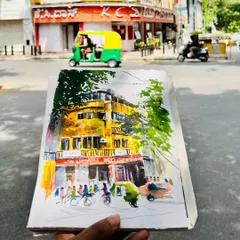 Bengaluru’s Church Street is pure energy, and the iconic yellow KC Das building is its heart. I painted this on a busy day, trying to capture the chaos of the traffic and the building's sunny personality. This is what urban sketching is all about for me, finding beauty in the bustle.