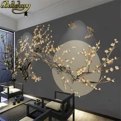 A stunning 3D wallpaper featuring a Japanese-inspired cherry blossom branch against a full moon. The gold accents and embossed effect create a luxurious and serene atmosphere.