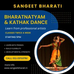 This image shows a student in a traditional Bharatnatyam costume, highlighting the beauty and cultural richness of the dance. We offer classes for both Kathak and Bharatnatyam.